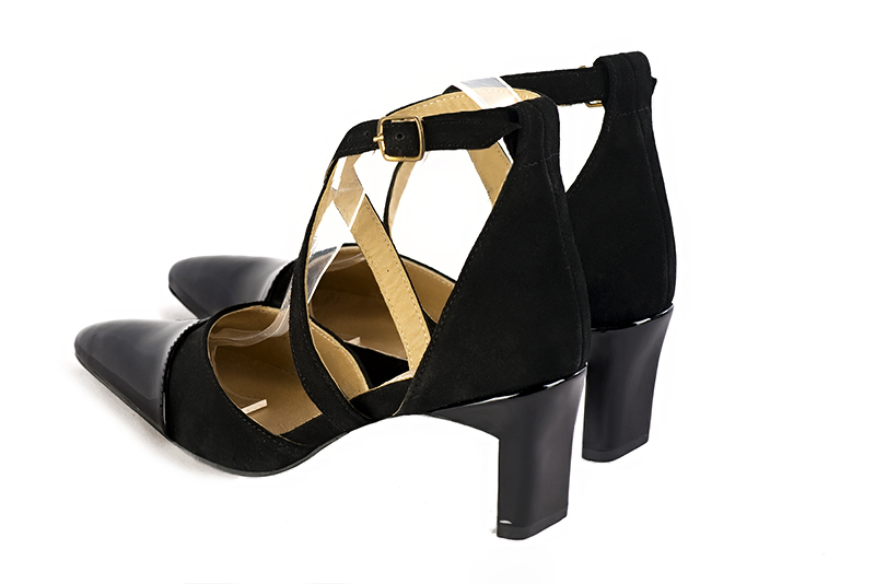 Satin black women's open side shoes, with crossed straps. Tapered toe. Medium comma heels. Rear view - Florence KOOIJMAN